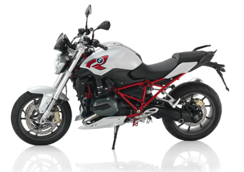 BMW R 1200 R 2015 : Sport, blanche cadre rouge et logo R sur le réservoir