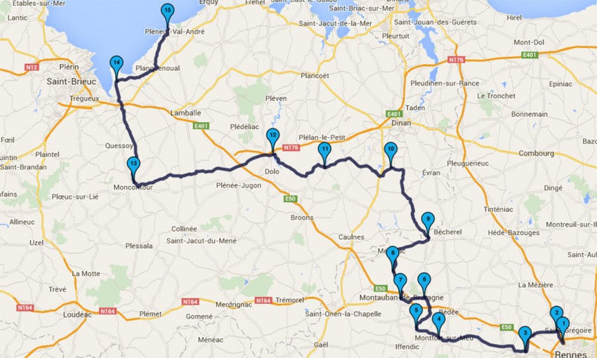 itinéraire à moto : Rennes direction Val André par les petites routes