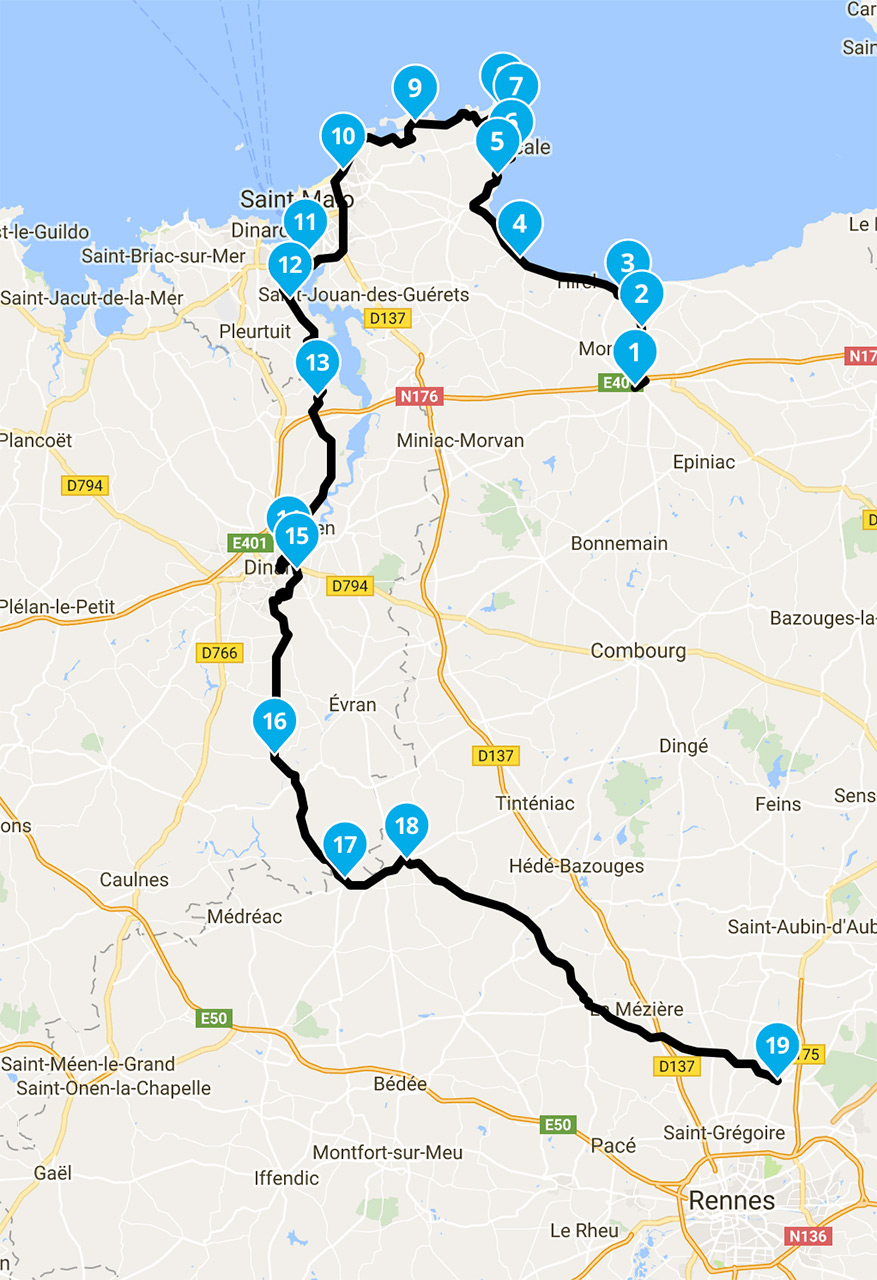 Roadbook et itinéraire balade moto au départ de Rennes de Saint-Malo vers Rennes