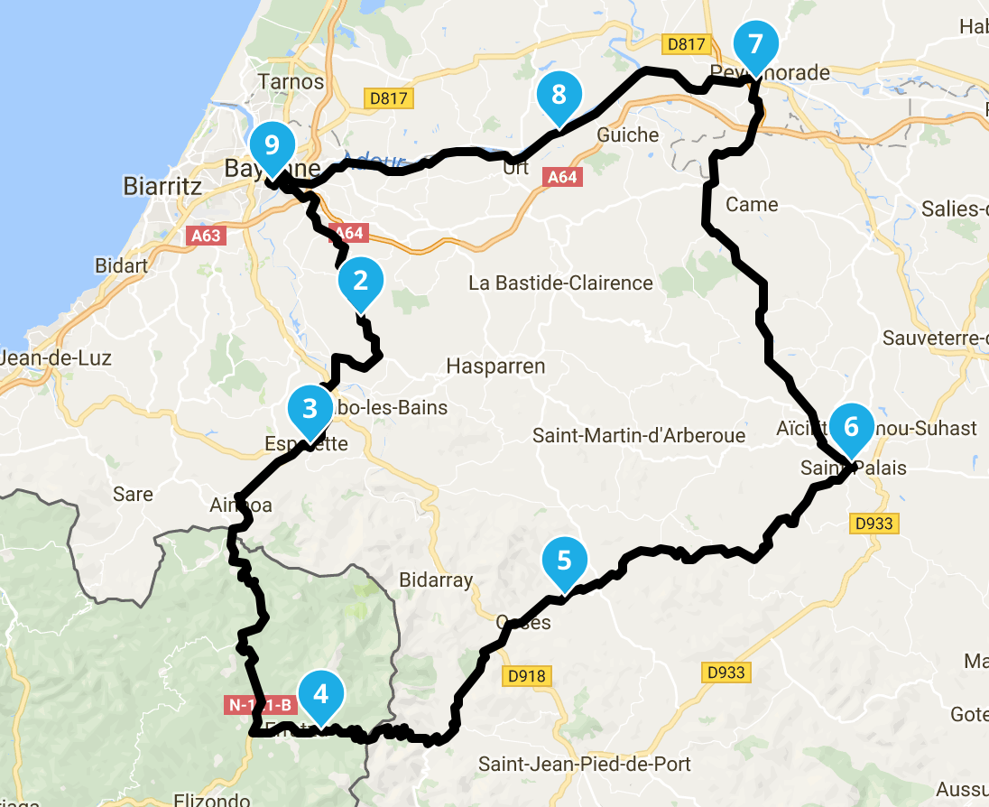 itinéraire balade moto pays basque au départ de Bayonne