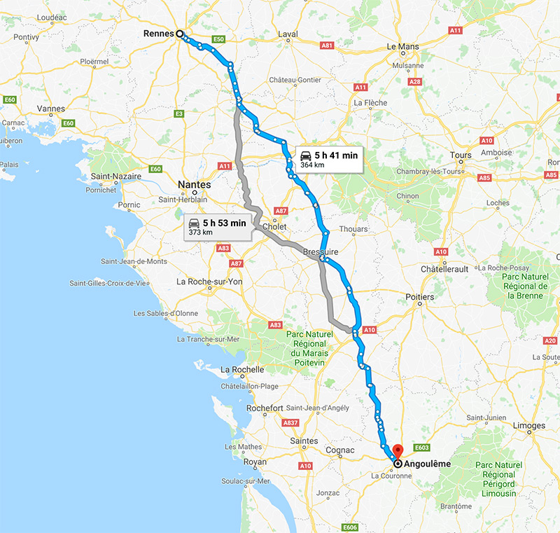 Roadbook Rennes Angouleme à moto