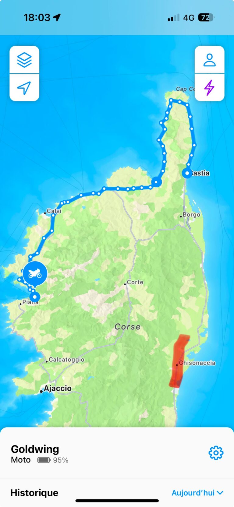 itinéraire de la balade moto du jour 1 en Corse