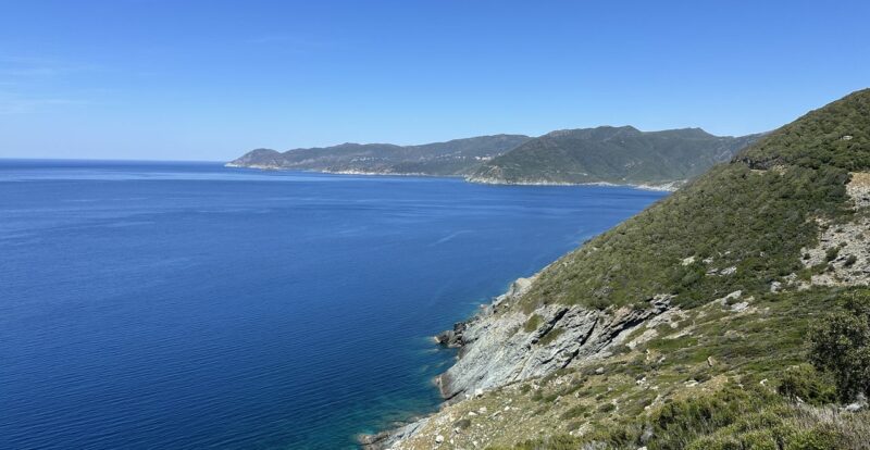Côte sauvage du Cap Corse avec falaises plongeant dans une mer bleu profond