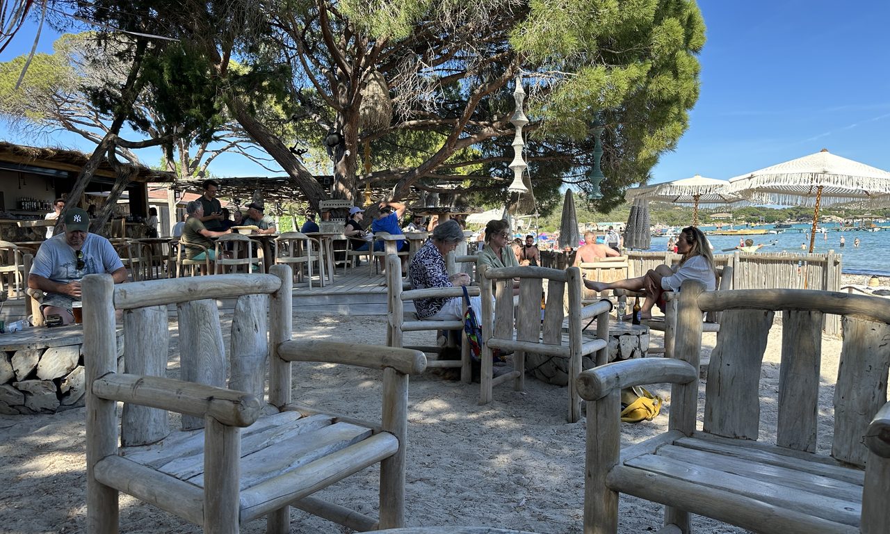 Terrasse de paillote en bois flotté sous les pins au bord d'une plage corse