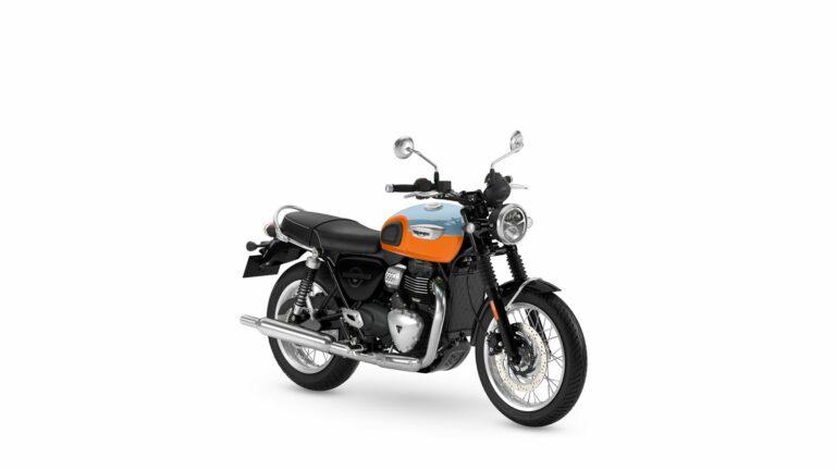 Triumph Bonneville T40 2027 coloris Meriden Blue et Tangerine Orange, vue trois quarts avant