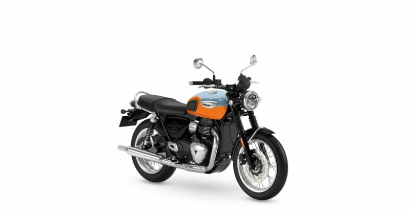 Triumph Bonneville T40 2027 coloris Meriden Blue et Tangerine Orange, vue trois quarts avant