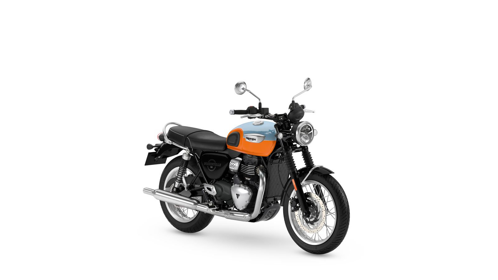 Triumph Bonneville T40 2027 coloris Meriden Blue et Tangerine Orange, vue trois quarts avant